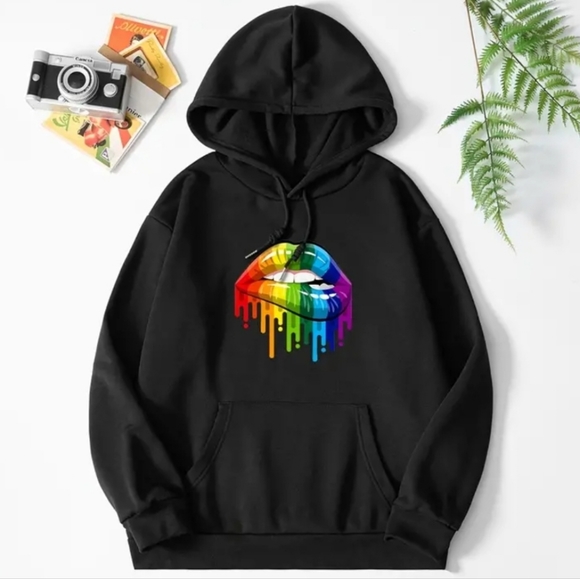 Womens Black Hoodie With Rainbow Lips - Picture 6 of 7